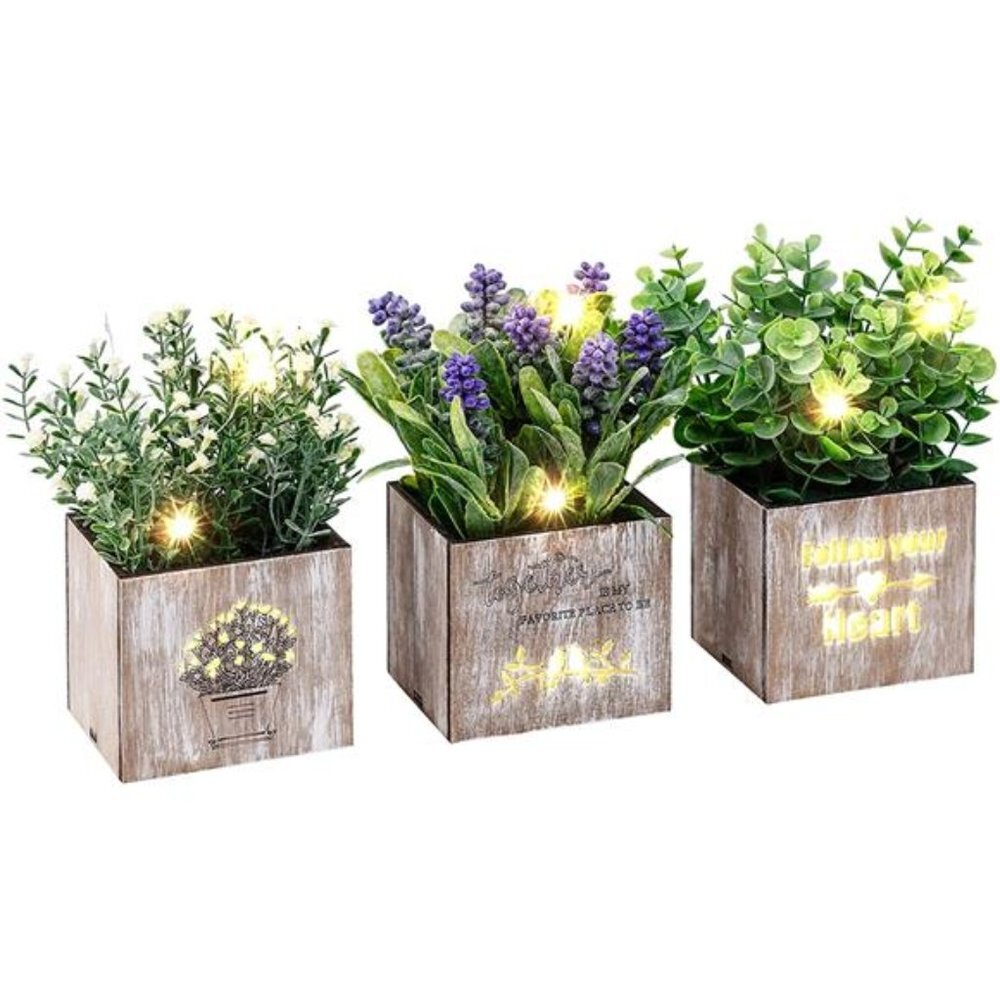 3 Pack Artificial Plants & Flowers with Nightlight, Potted Fake Plants for Home